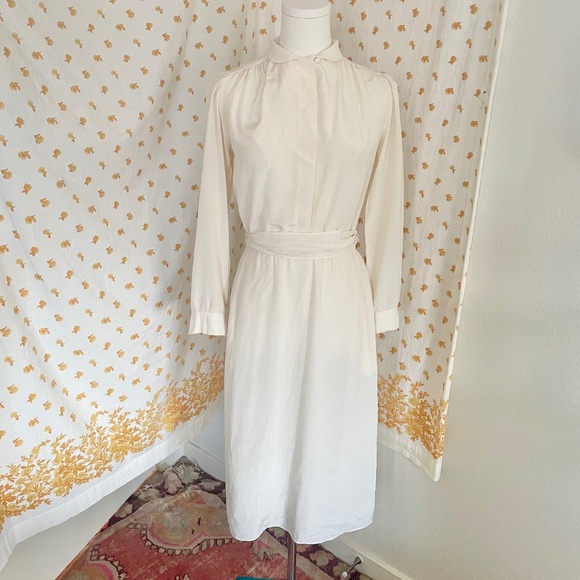 Vintage 70s Billy Jack for Her Ivory Midi Dress – Long Sleeve Collared Button Up - Picture 1 of 6